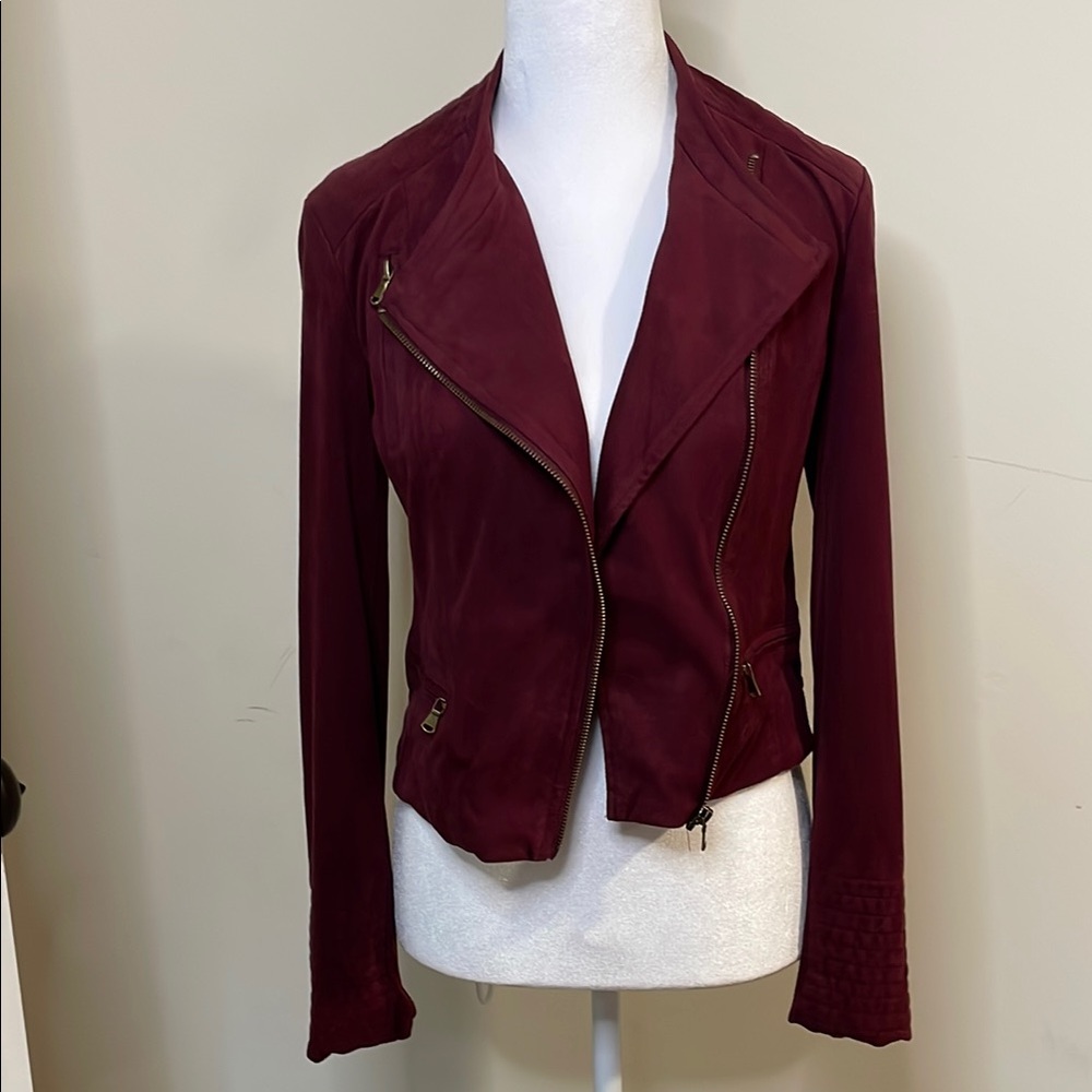 Burgundy velvet like Jacket with Asymmetrical Design and Wide Lapel